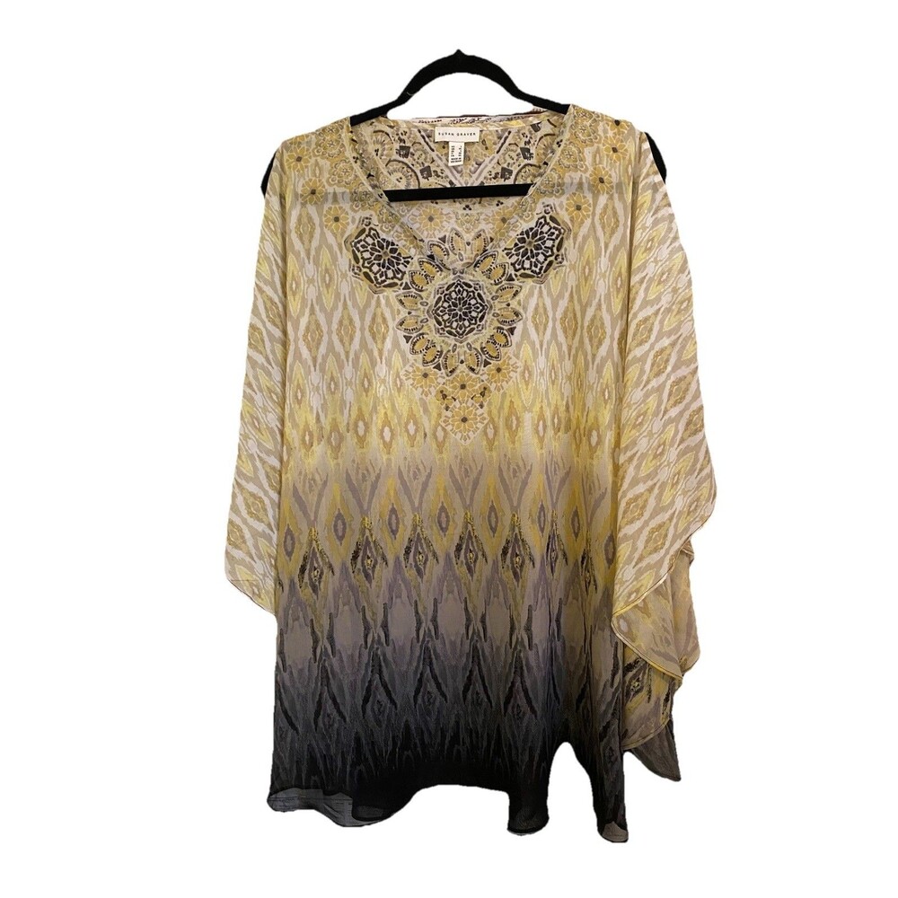 Susan Graver Womens Size large Ombre Ikat Medallion Kaftan Tunic Top Boho split